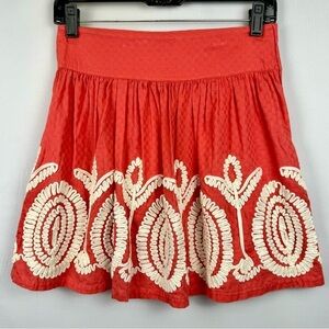 Nick & Mo Mini A-line Mini Skirt Coral & Ivory Embroidery Cotton Small Preppy